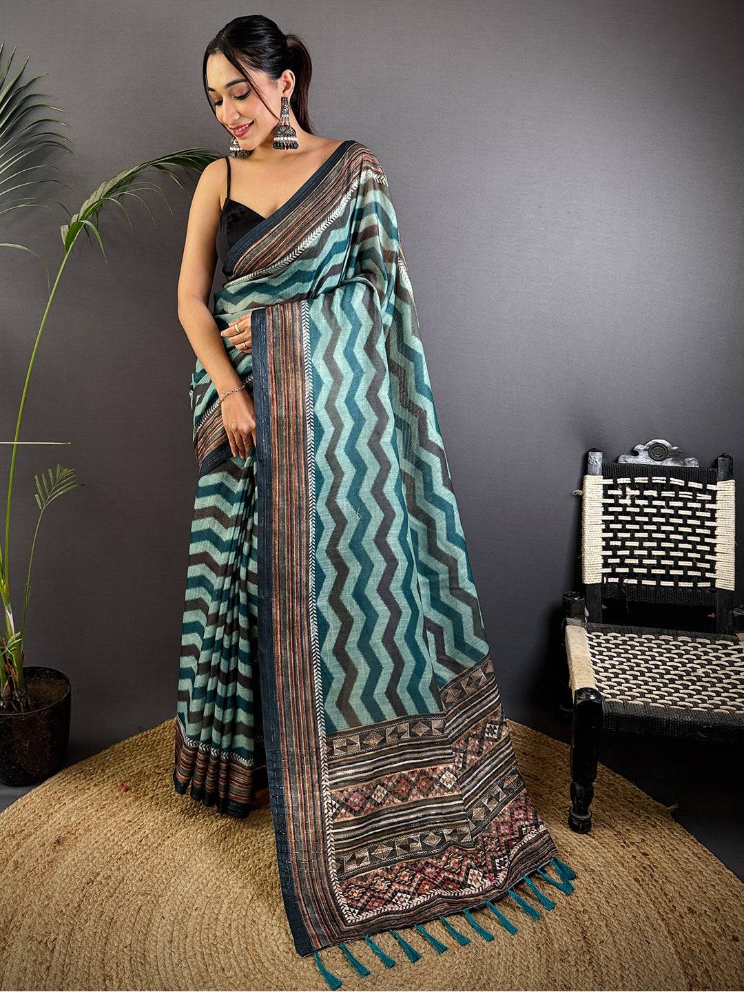 Radiant Geometric Printed Linen Saree
