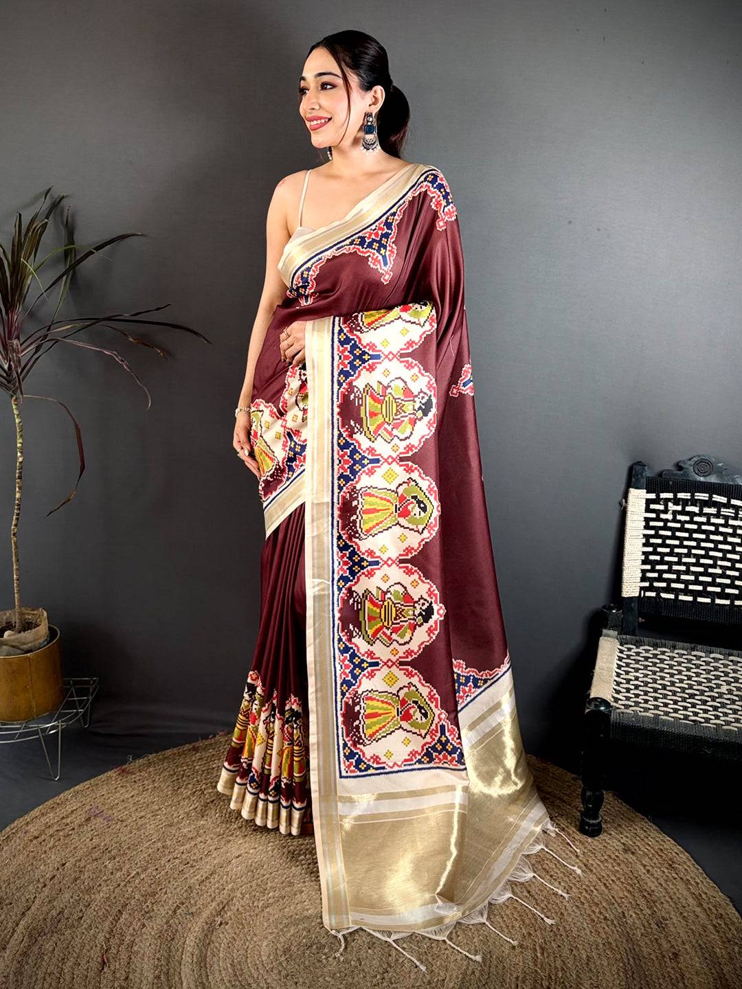 Maroon Patola Print Soft Kanchi Silk Saree