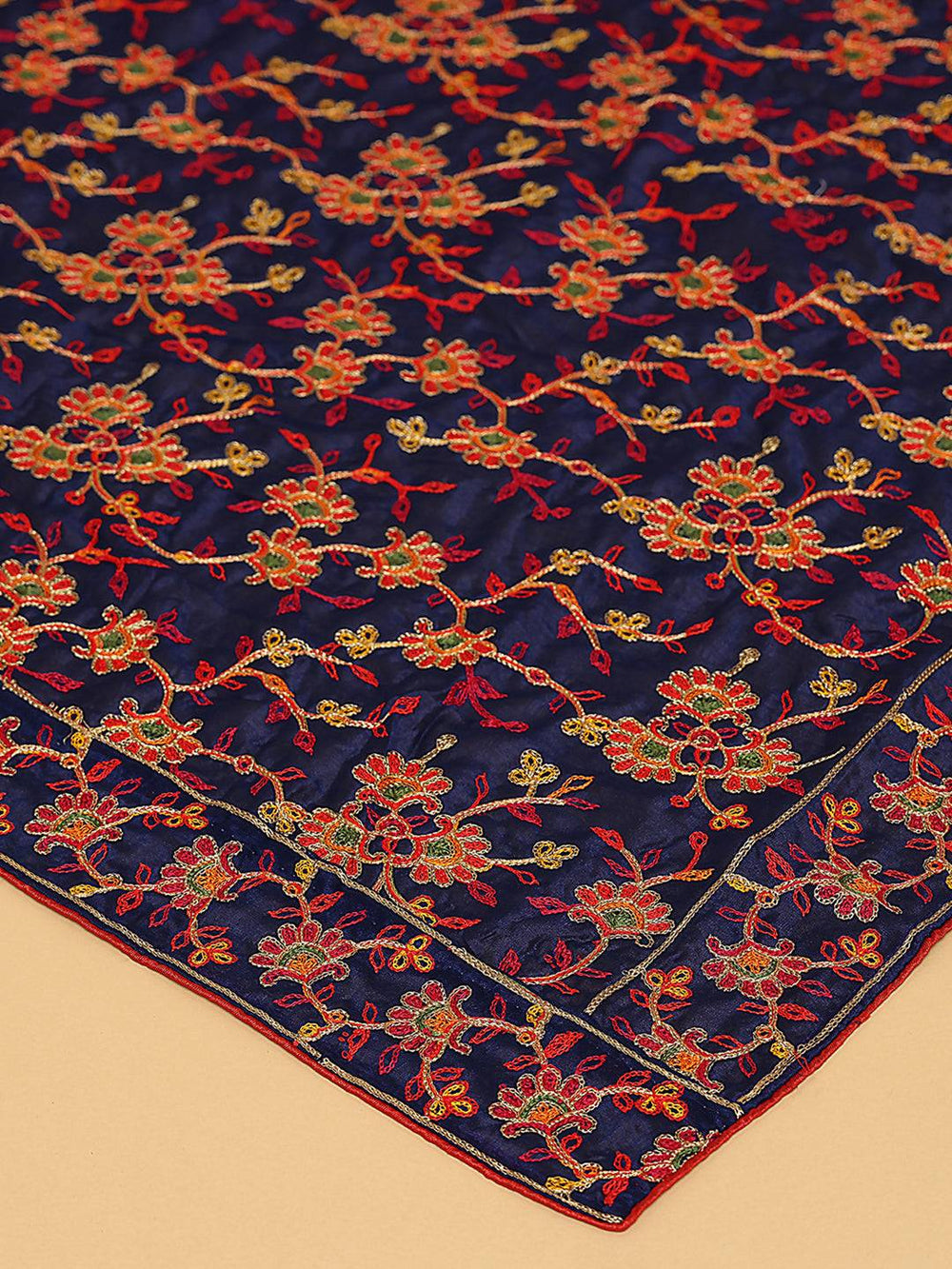 Close-up of navy dupatta with resham thread embroidery