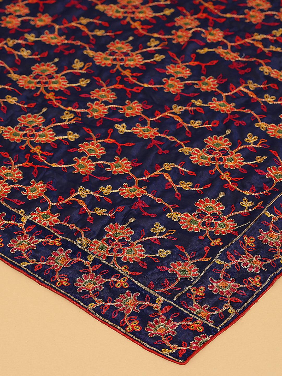 Close-up of navy dupatta with resham thread embroidery