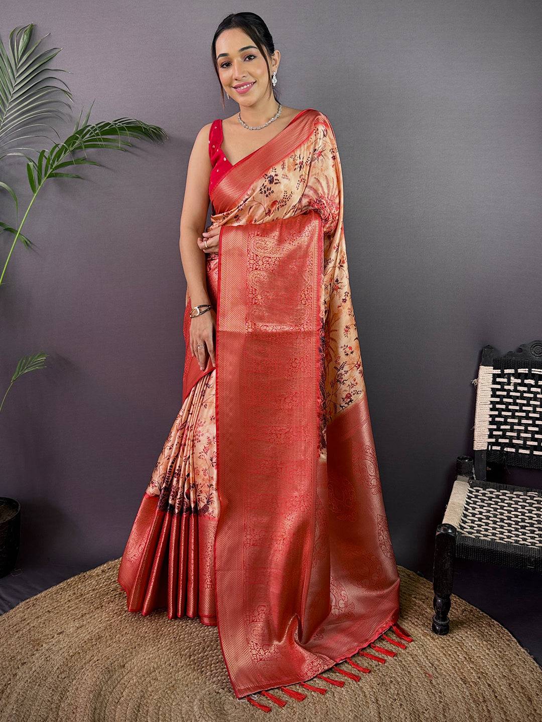 Peach Cherry Satin Kalamkari Saree