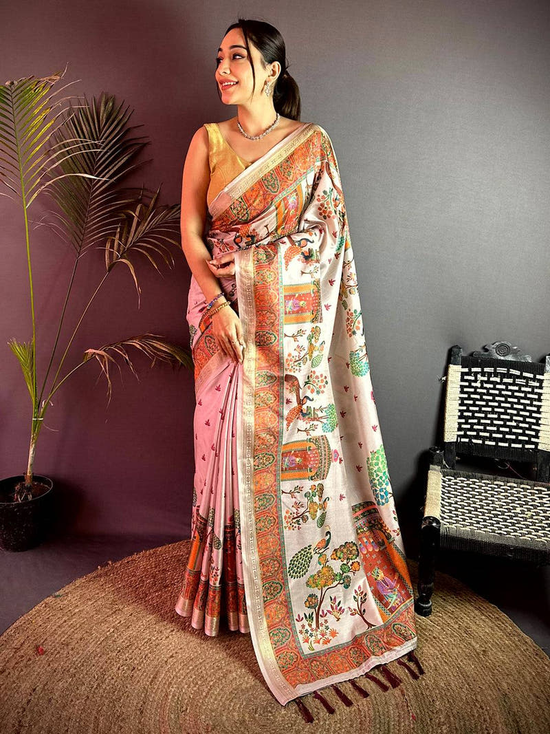 Off White Kashmiri Kalamkari Soft Silk Saree