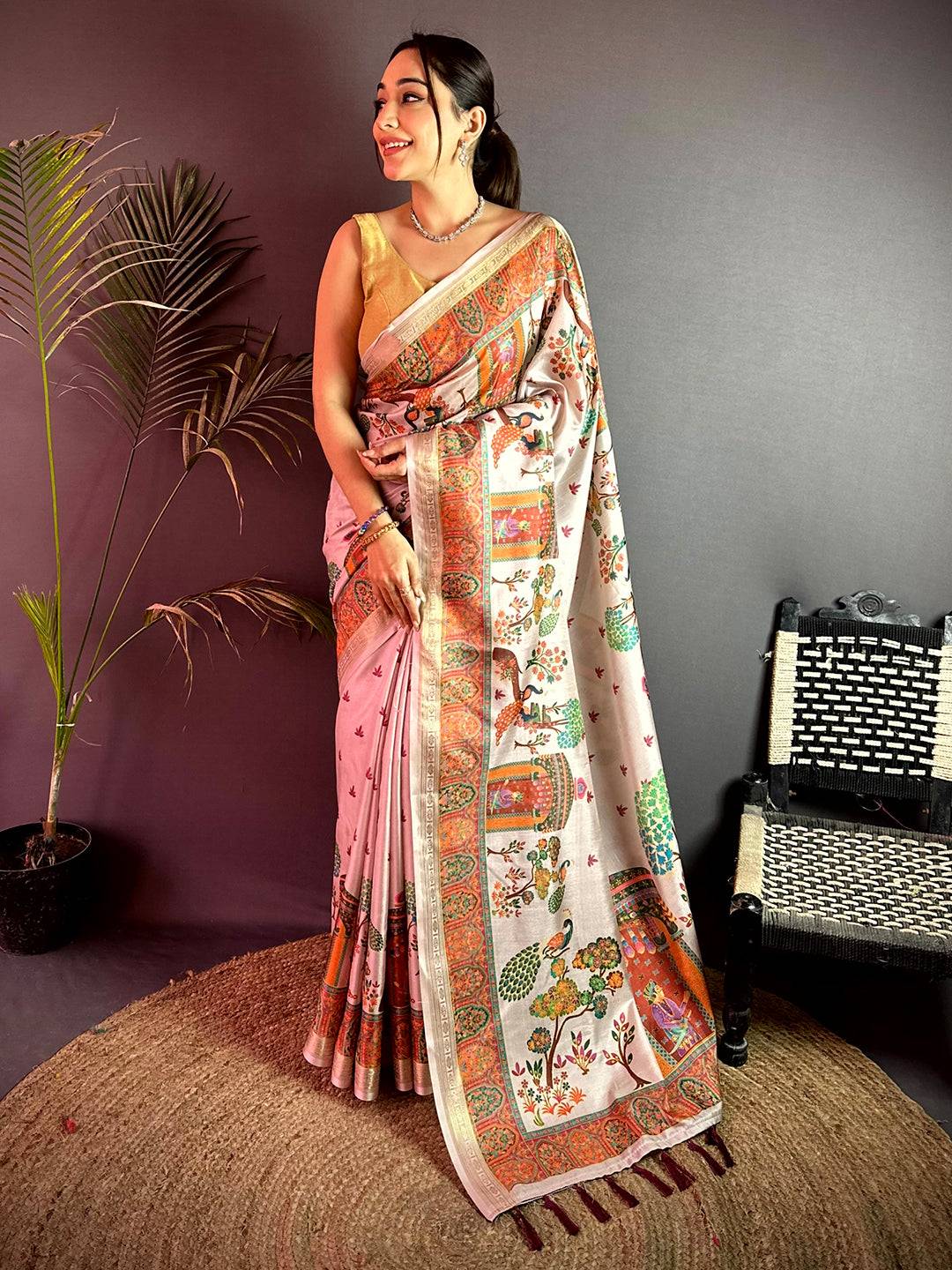 Off White Kashmiri Kalamkari Soft Silk Saree