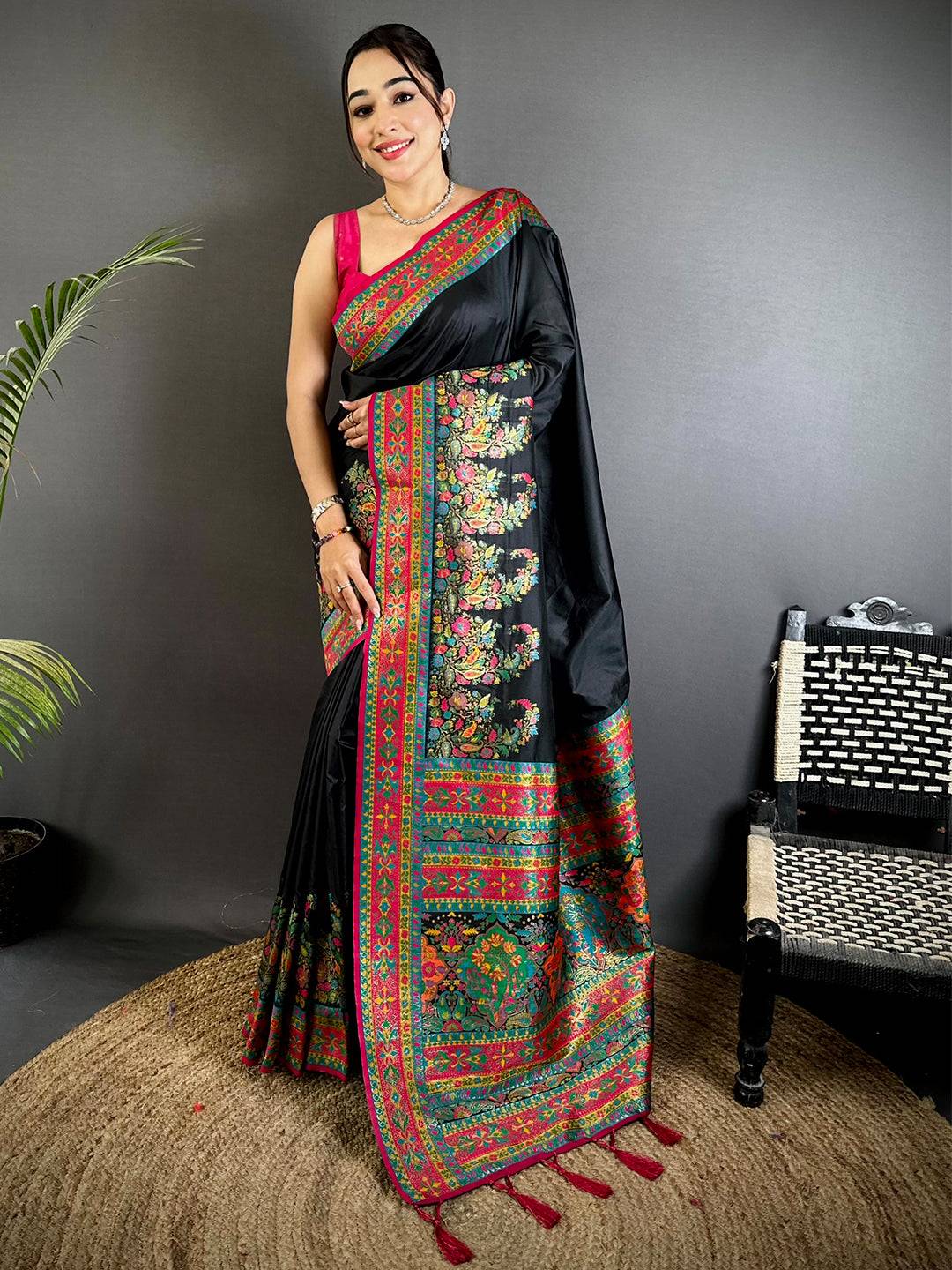 Black Kashmiri Pashmina Semi Silk Saree