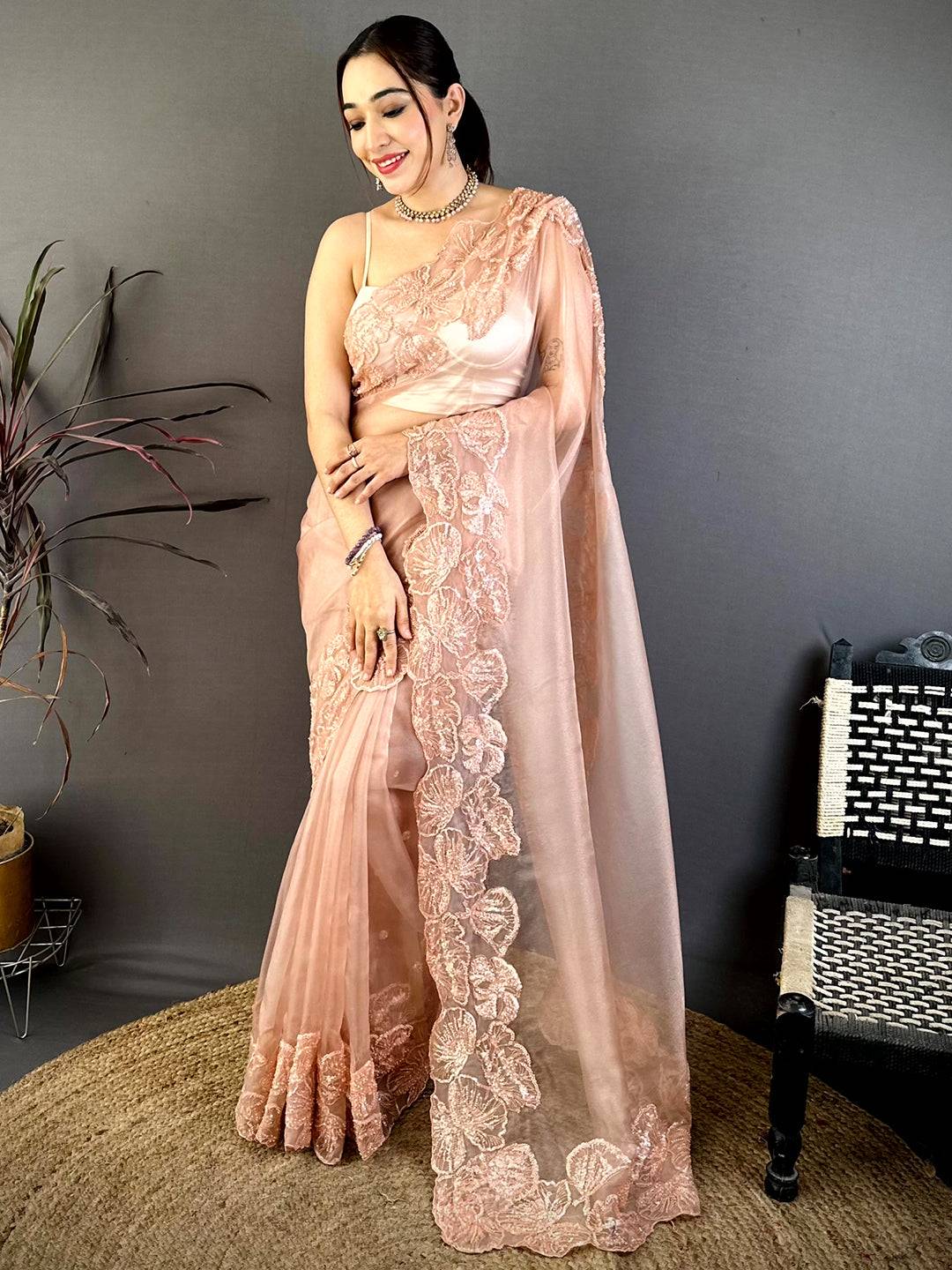 Classic Heavy Pearl Work Organza Saree