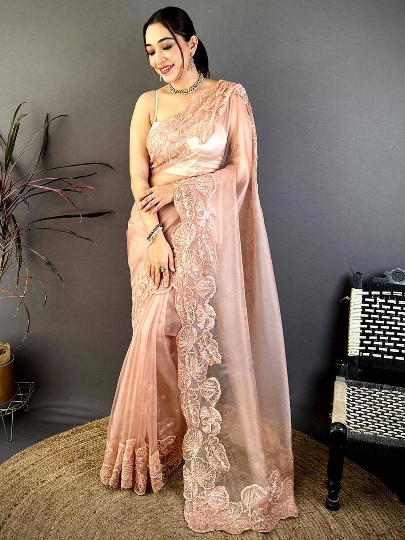 Classic Heavy Pearl Work Organza Saree