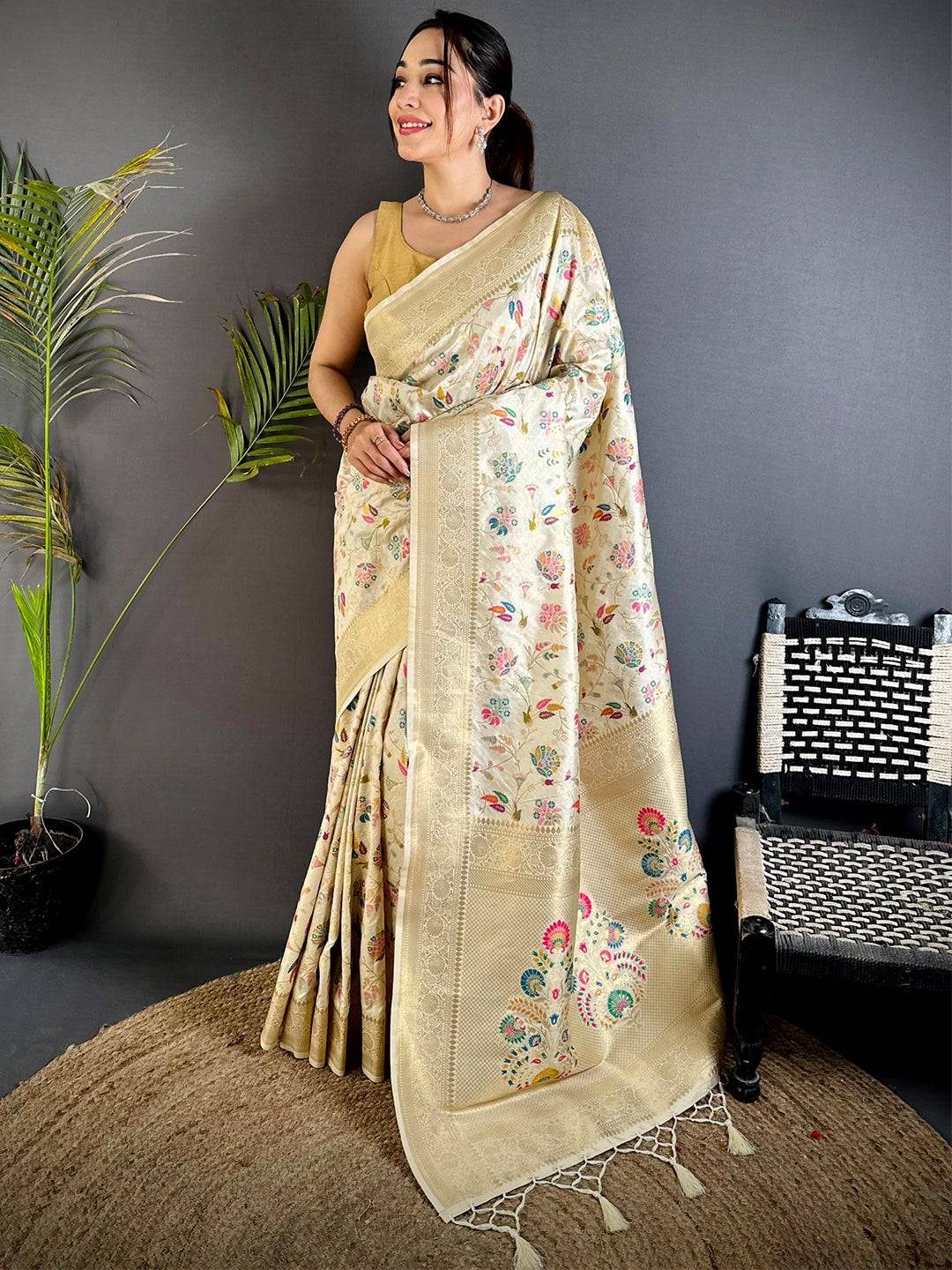 Cream Banarasi Minakari Floral Silk Saree