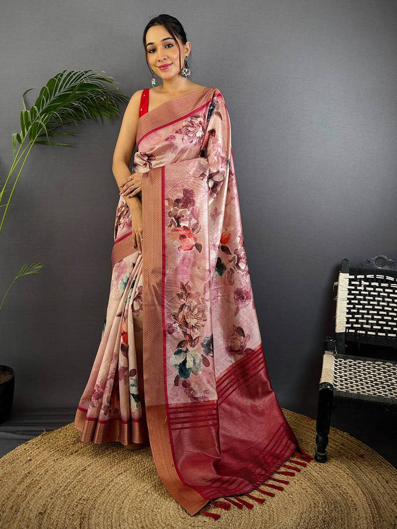 Radiant Pink Tussar Silk Digital Print Saree