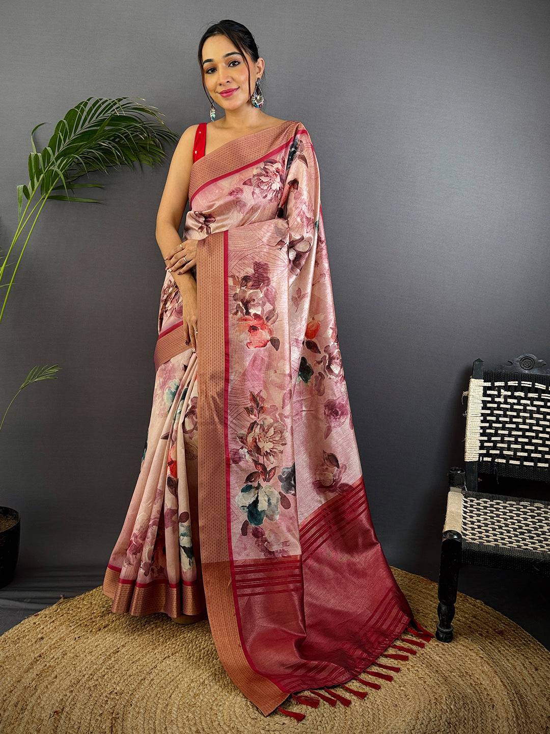 Radiant Pink Tussar Silk Digital Print Saree