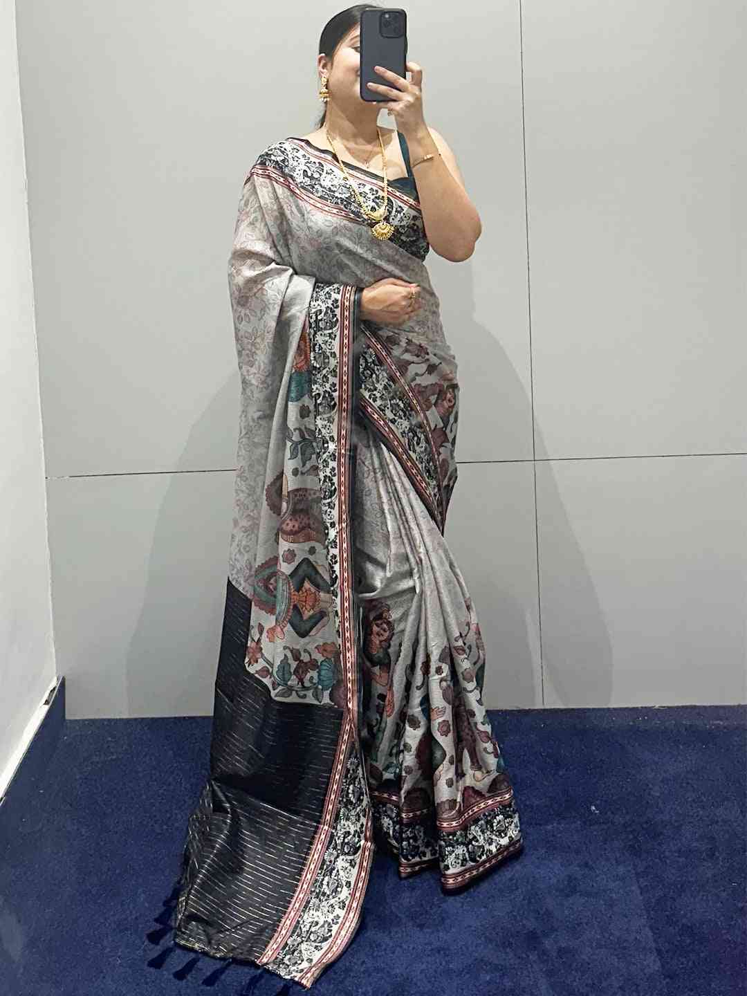 Digital Kalamkari Saree in Grey Satin with Zari Pallu