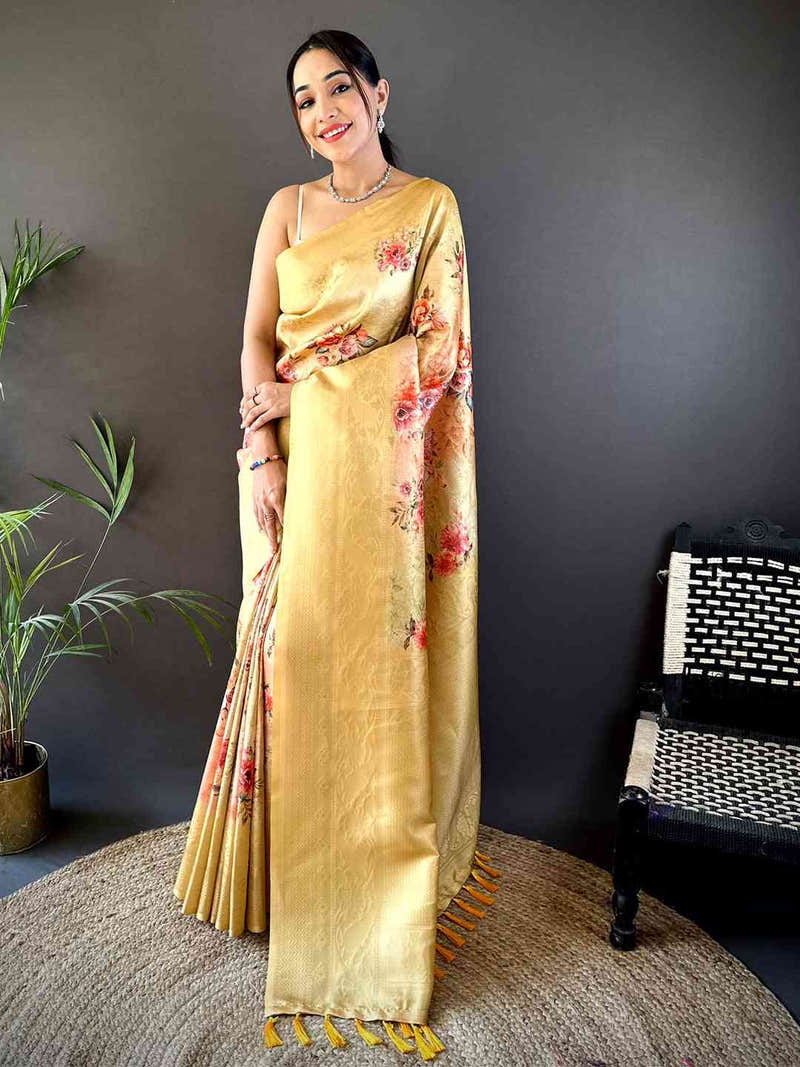 Golden Yellow Kanjivaram Digital Silk Saree