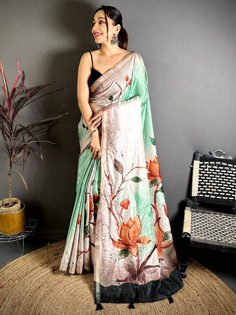 Pastel Green Ghicha Tussar Floral Saree