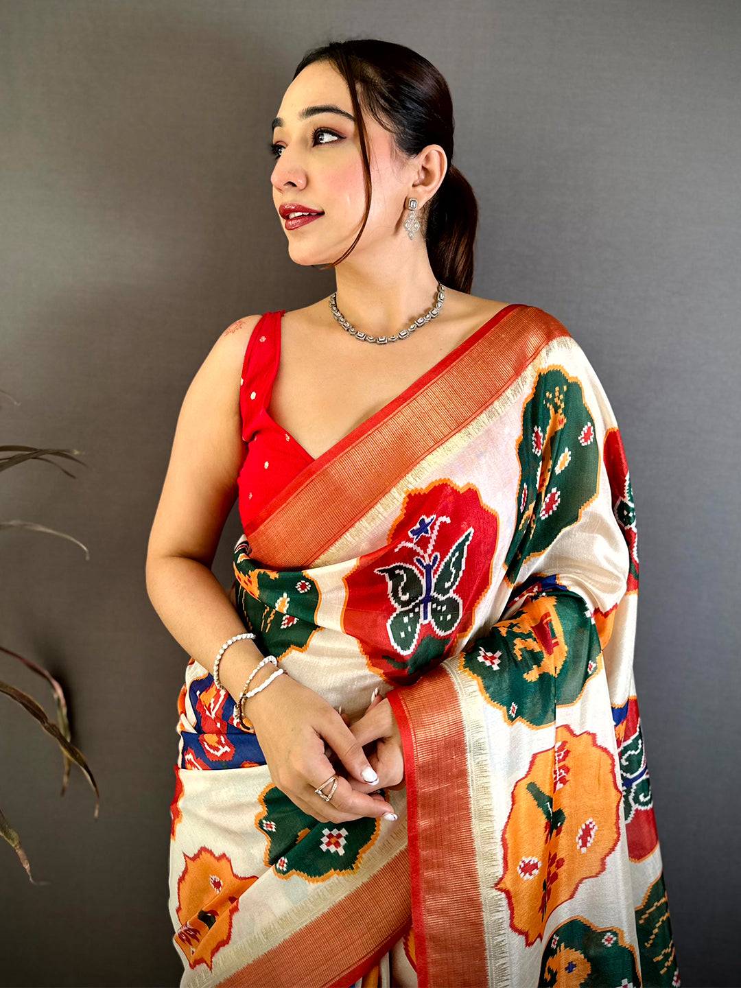Cream Soft Dola Big Ikkat Minakari Print Saree