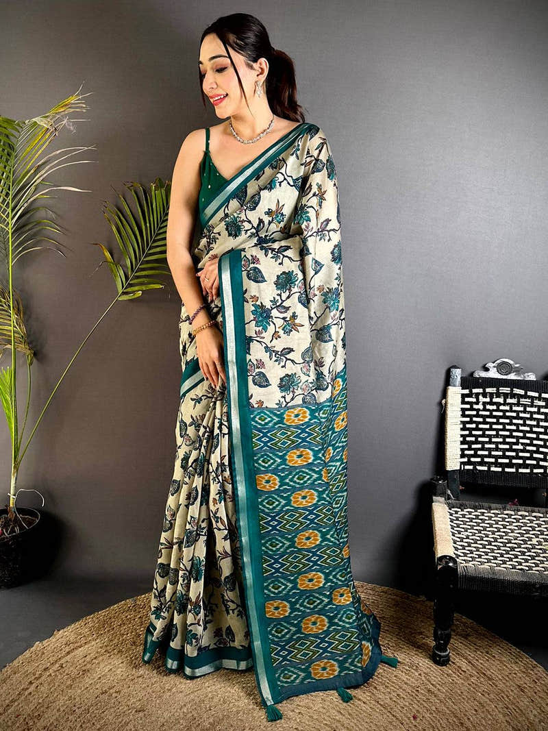Rama Floral Phulkari Mul Cotton Saree