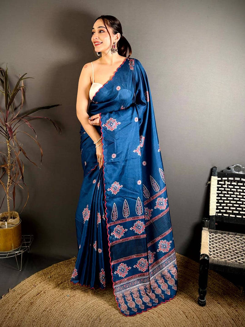 Classic Ajrakh Printed Tussar Saree
