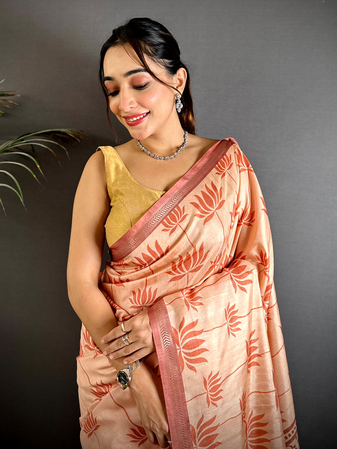 Peach Tussar Ghicha Pichwai Fusion Saree