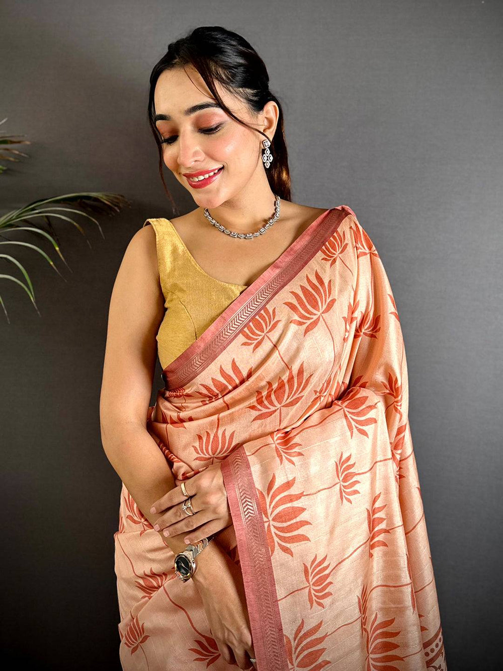 Peach Tussar Ghicha Pichwai Fusion Saree