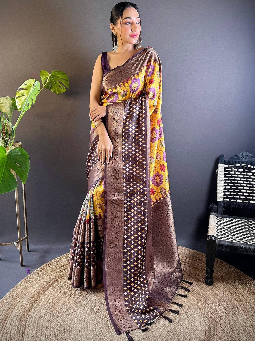 Golden Cross Ikkat Yellow Saree
