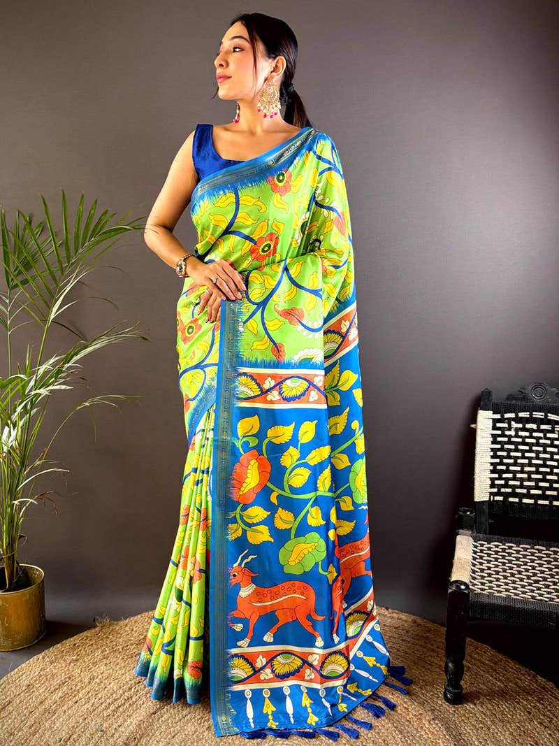 Volt Green Soft Silk Kalamkari Saree