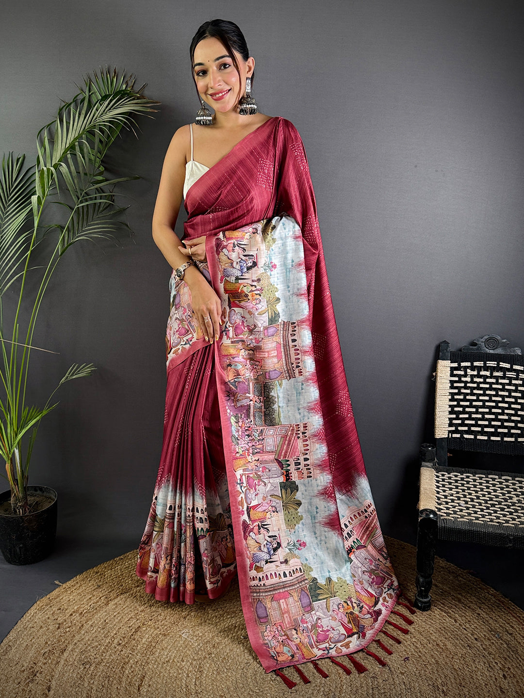 Maroon Kalamkari Digital Printed Saree