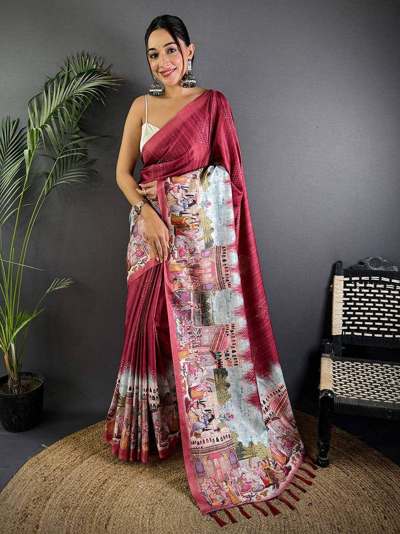 Maroon Kalamkari Digital Printed Saree