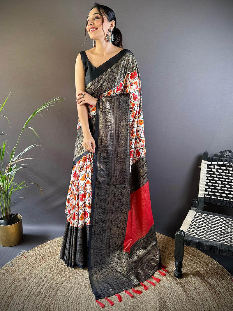 Cream Chanderi Silk Patola Print Saree with Black Foil Border