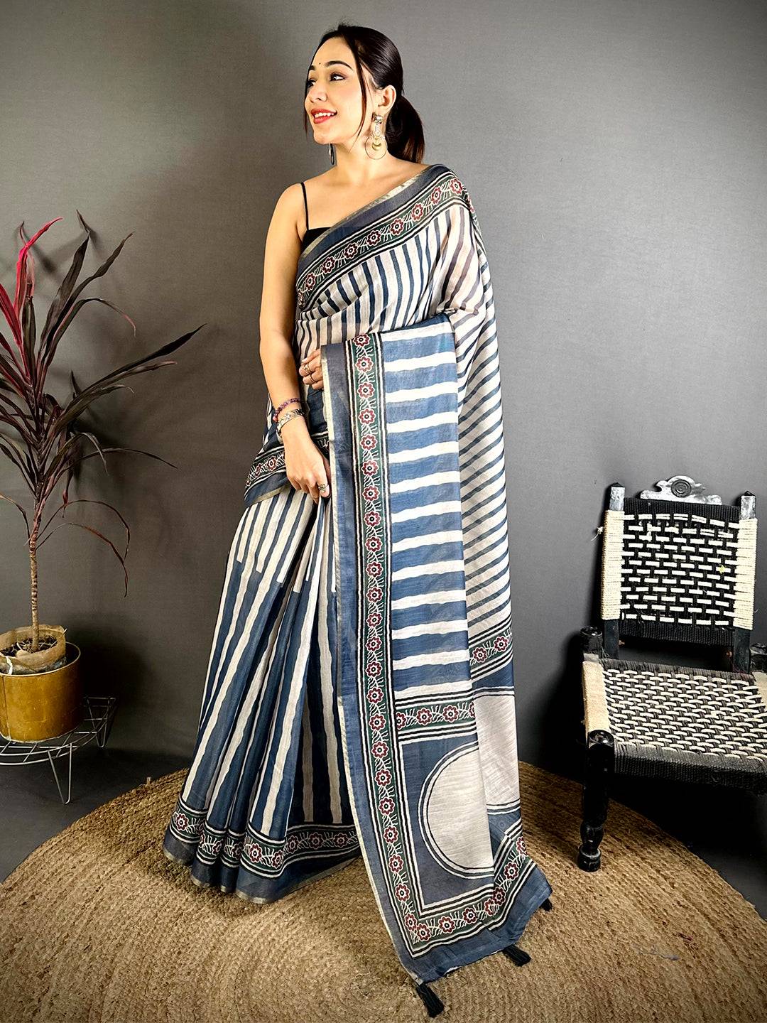 Timeless Ajrakh Print Linen Saree