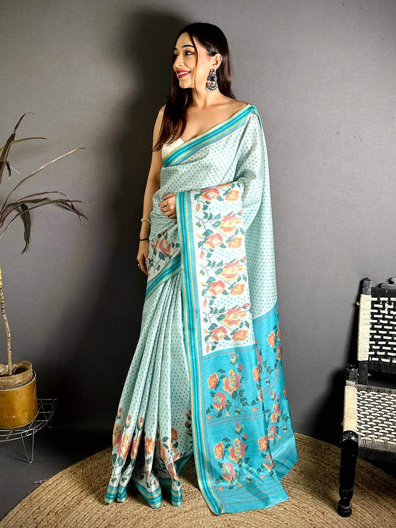 Artistic Ikkat Floral Print Tussar Saree