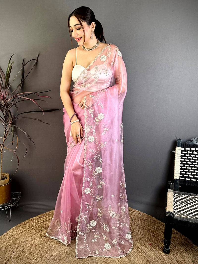 Pink Pearl Work Glass Organza Saree