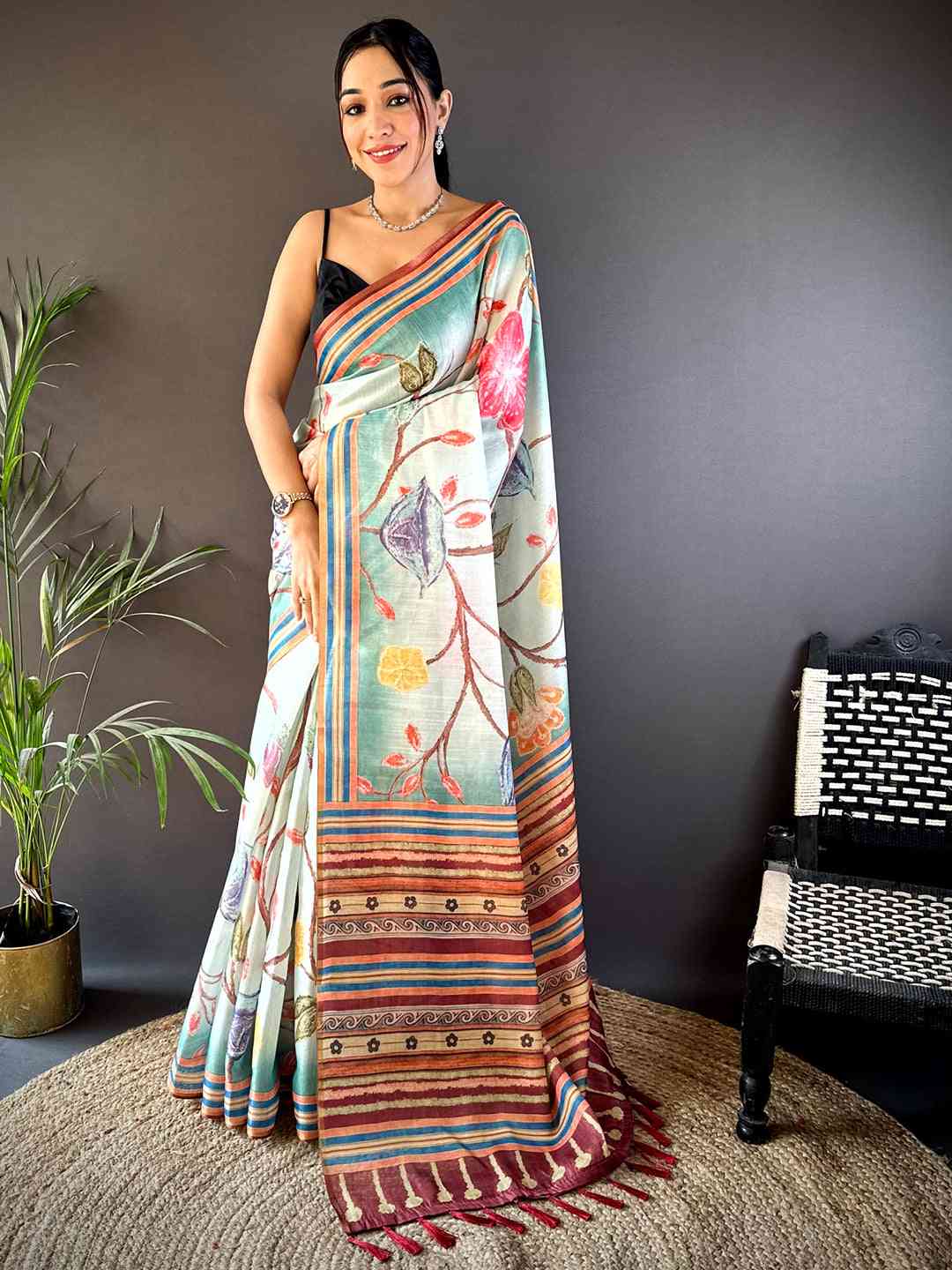 Floral Breeze Blue Chanderi Saree