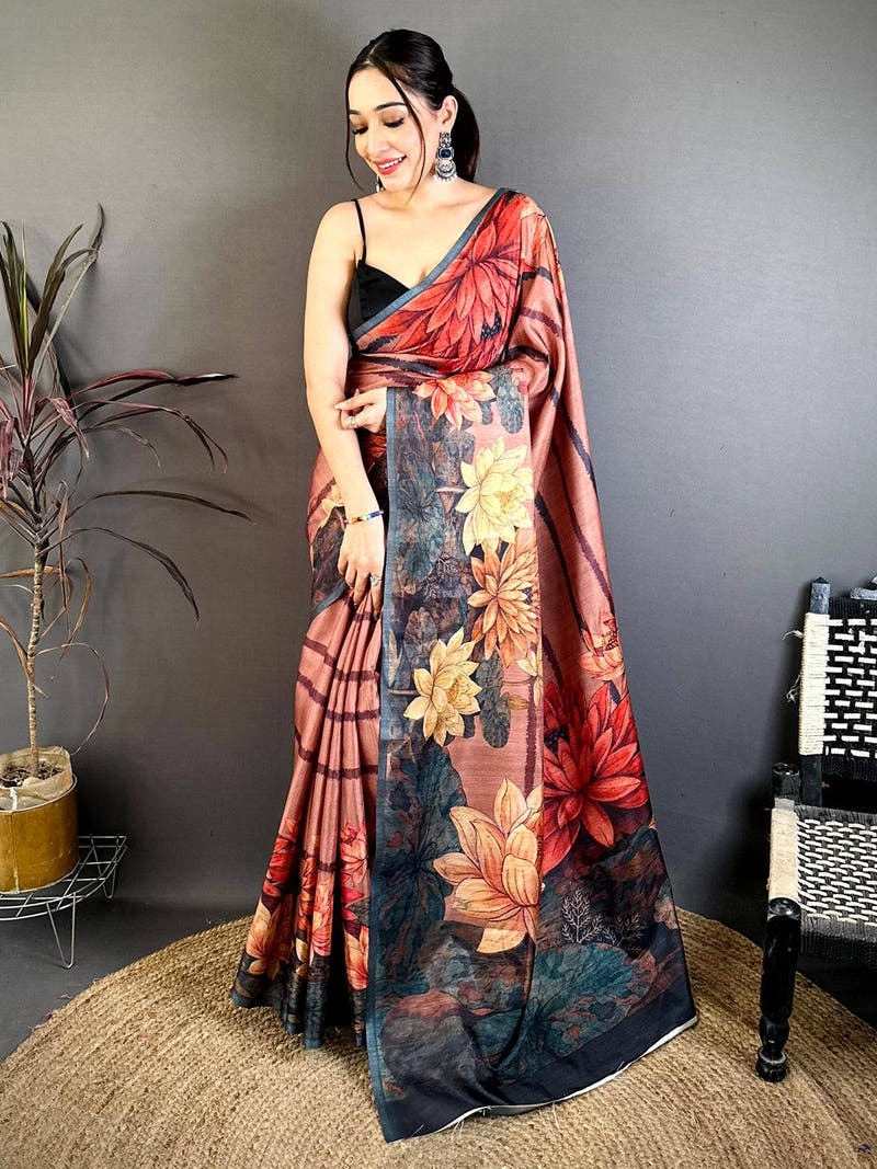 Elegant Floral Print Tussar Saree