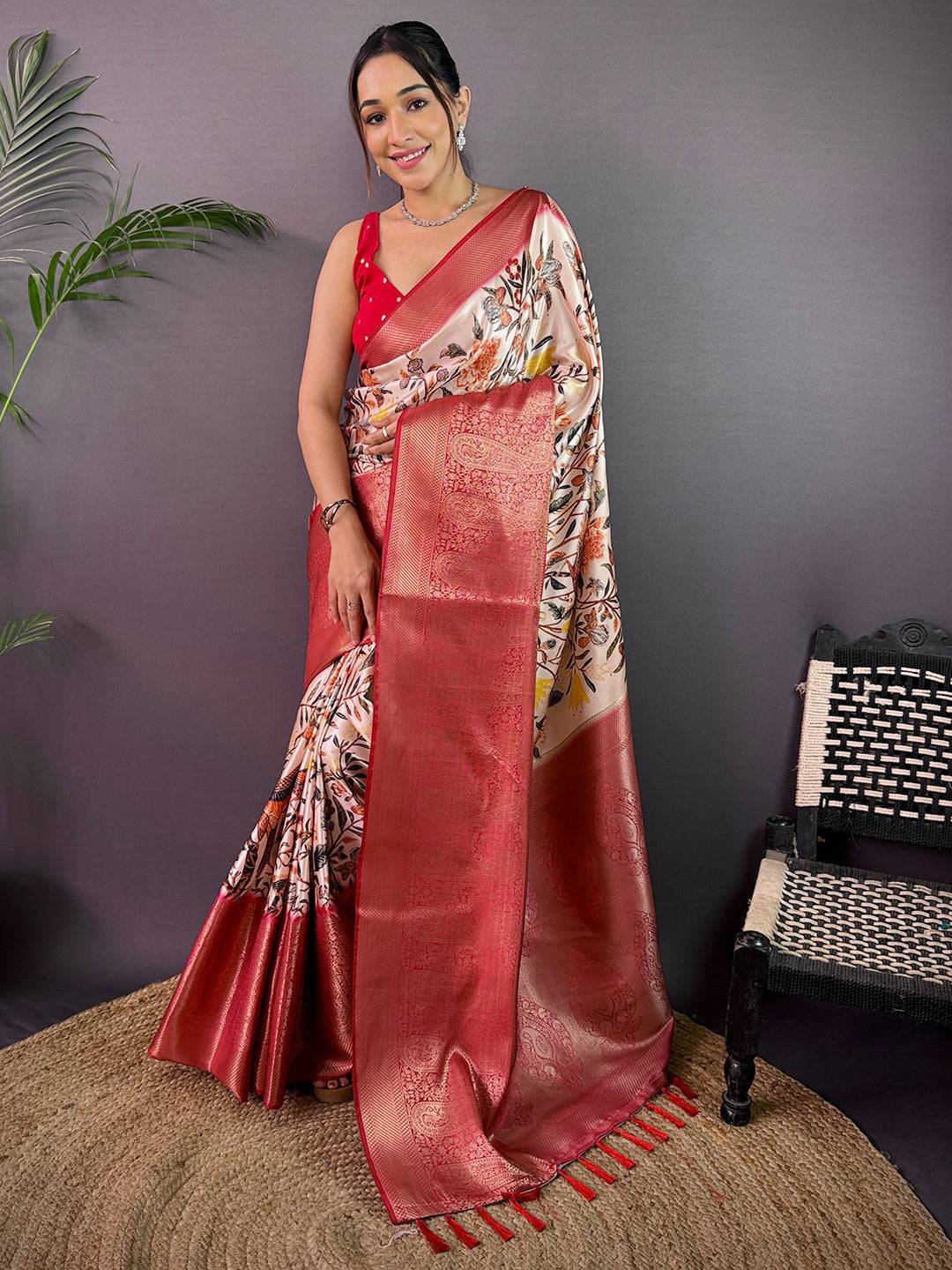 Ivory Cherry Satin Kalamkari Saree