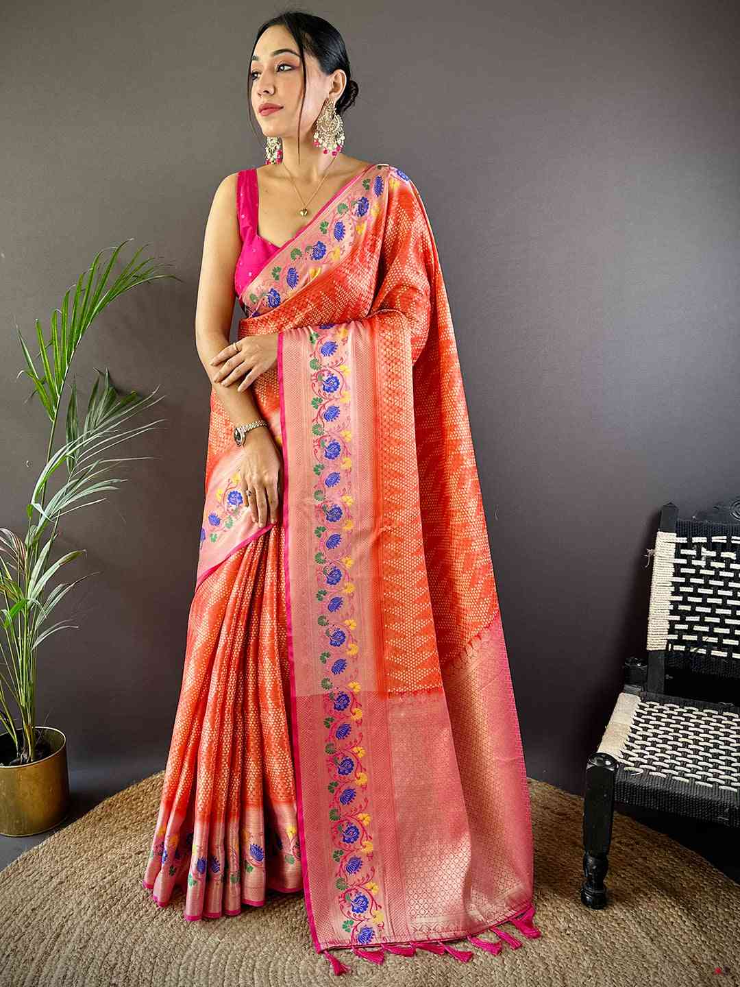 Kora Silk Banarasi Digital Print Saree In Red Colour