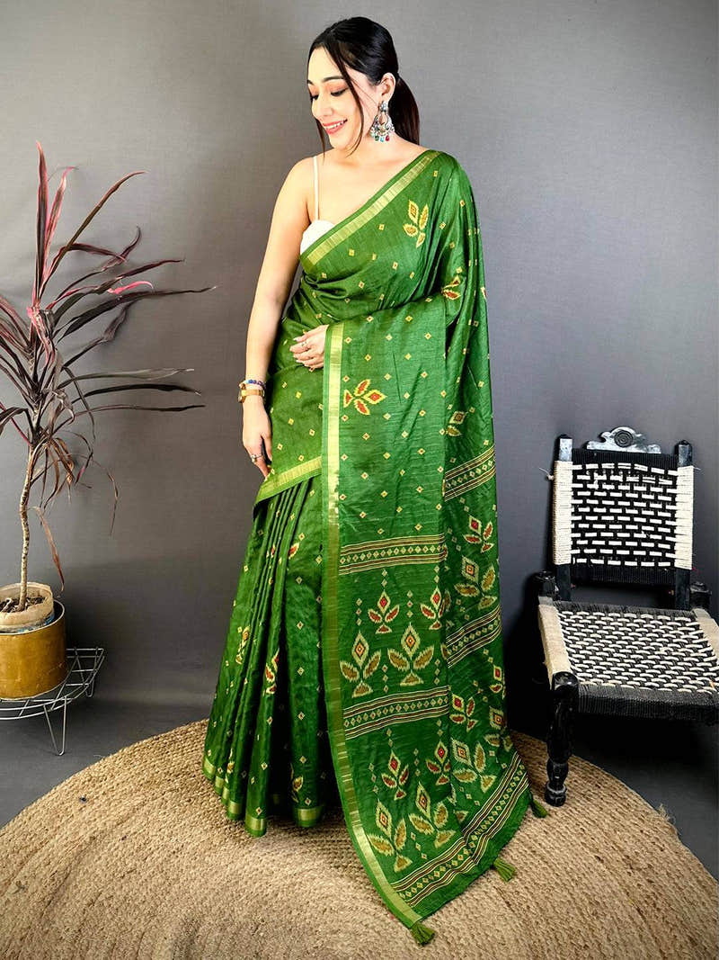 Green Tussar Ghicha Weave Print Saree