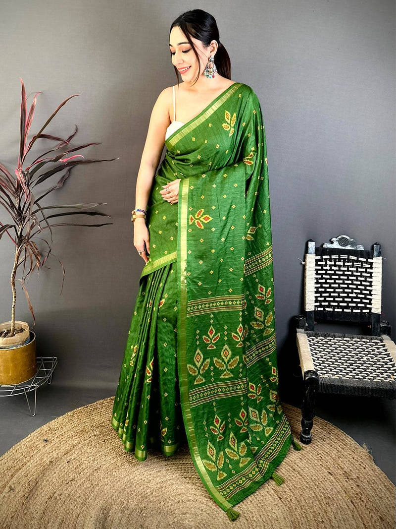 Green Tussar Ghicha Weave Print Saree