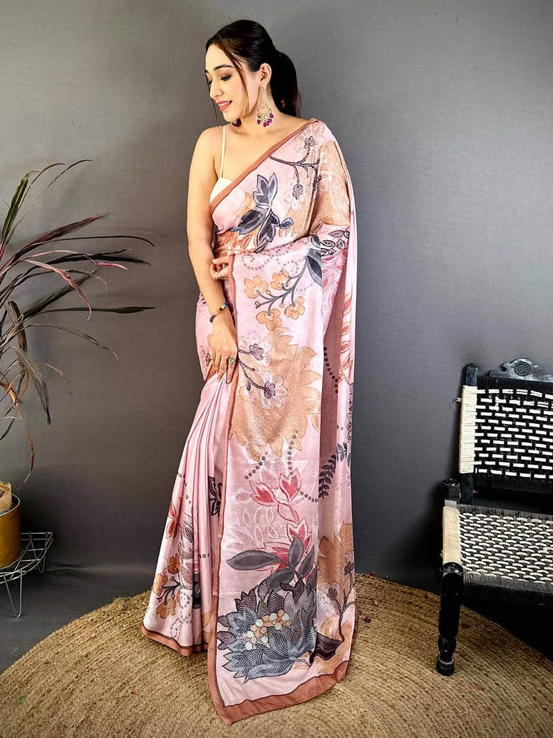 Light Pink Stone Work Floral Chinnon Saree
