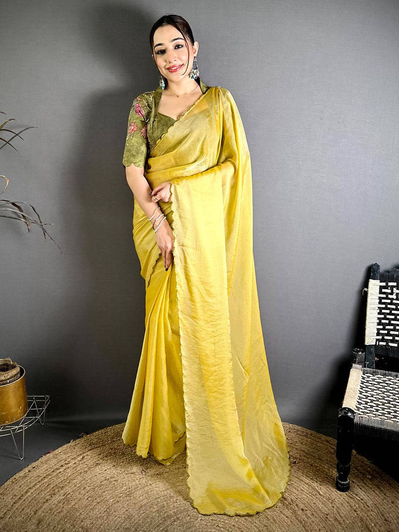 Stylish Mustard Silk Embroidery Cutwork Saree