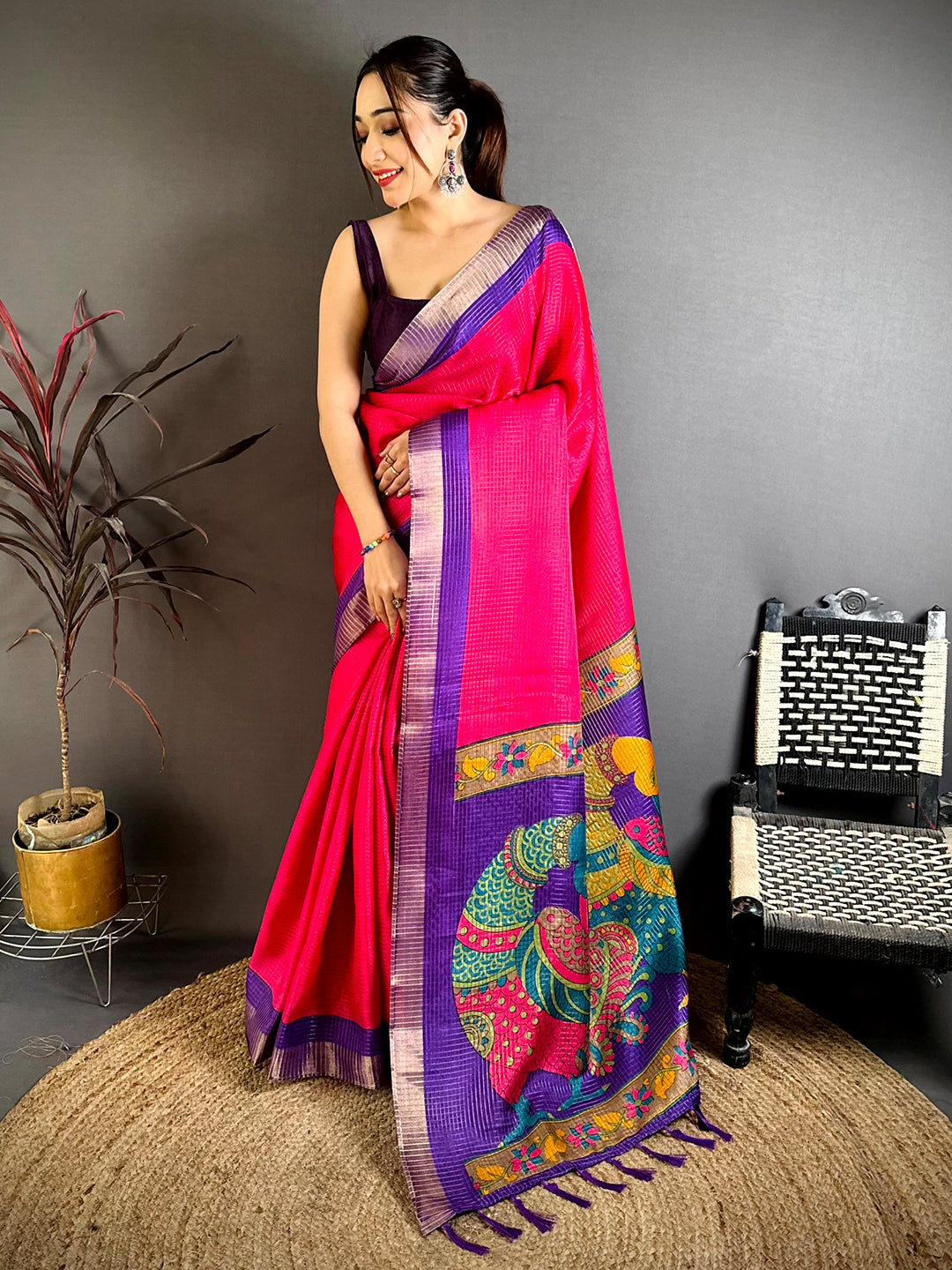 Rani Pink Tussar Zari Chex Kalamkari Saree