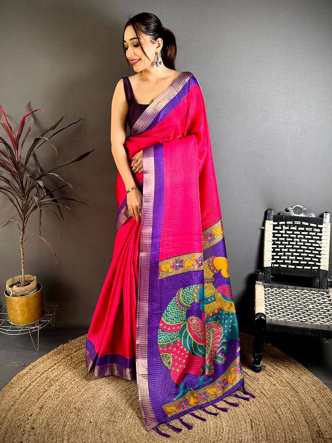 Rani Pink Tussar Zari Chex Kalamkari Saree