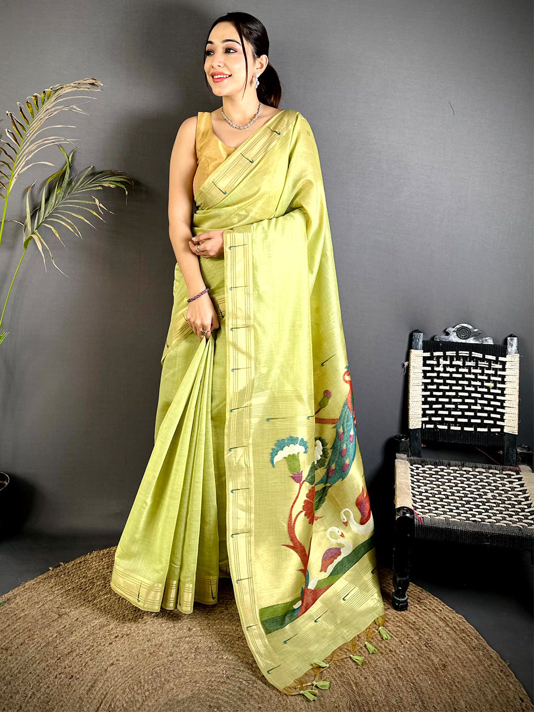 Lime Green Minakari Grace Khadi Linen Saree