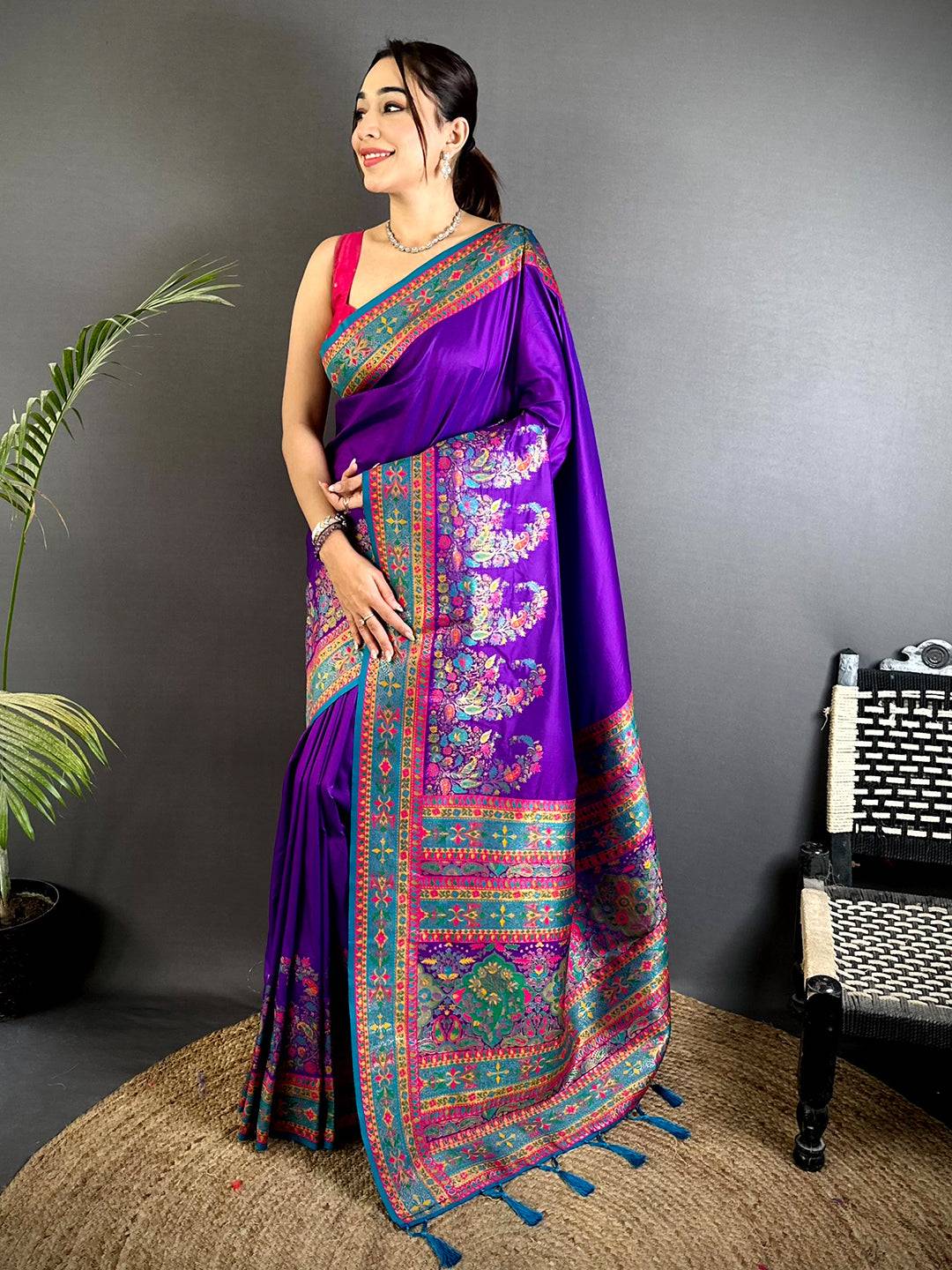 Purple Kashmiri Pashmina Semi Silk Saree