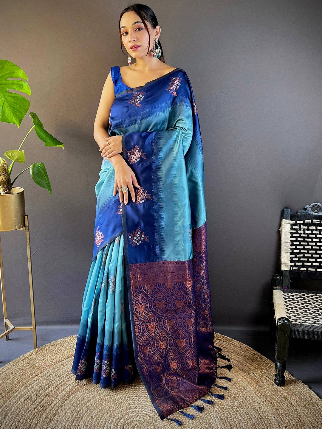 Full view of sky blue Sami Banarasi Tussar silk saree on model