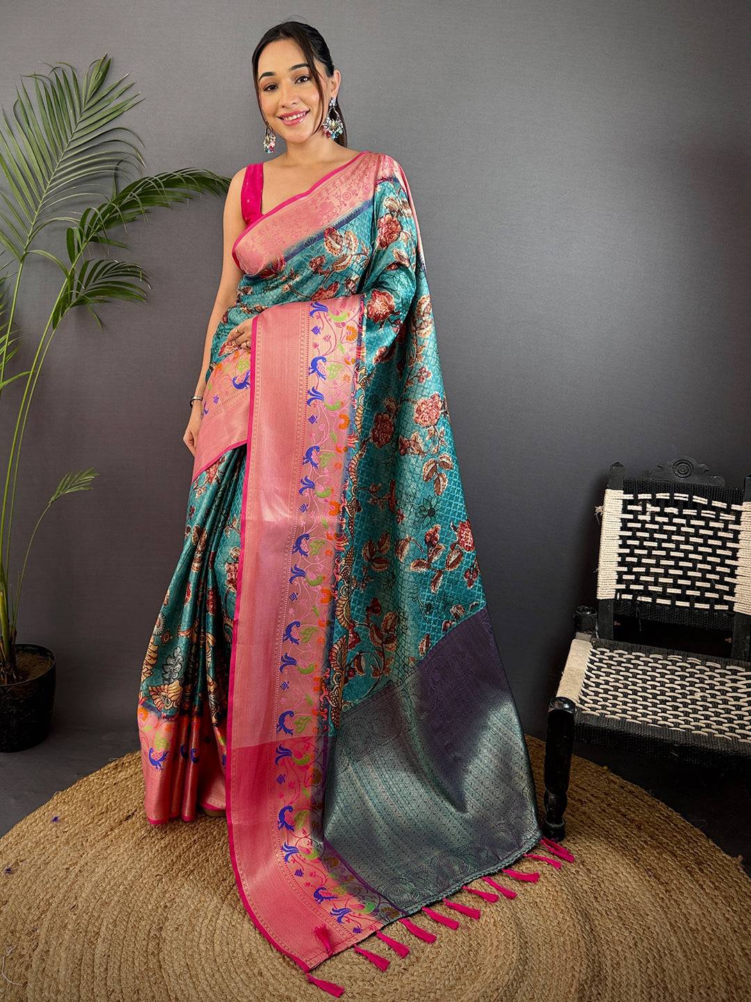 Teal Kora Muslin Kalamkari Floral Print Saree