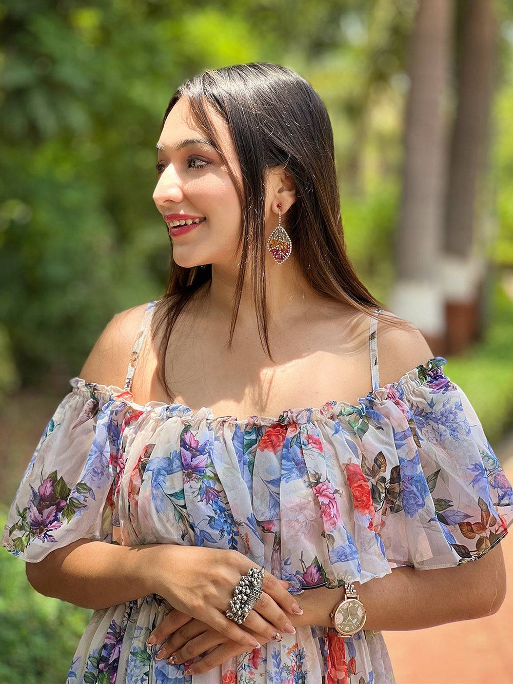 Close-up of floral off-shoulder maxi dress