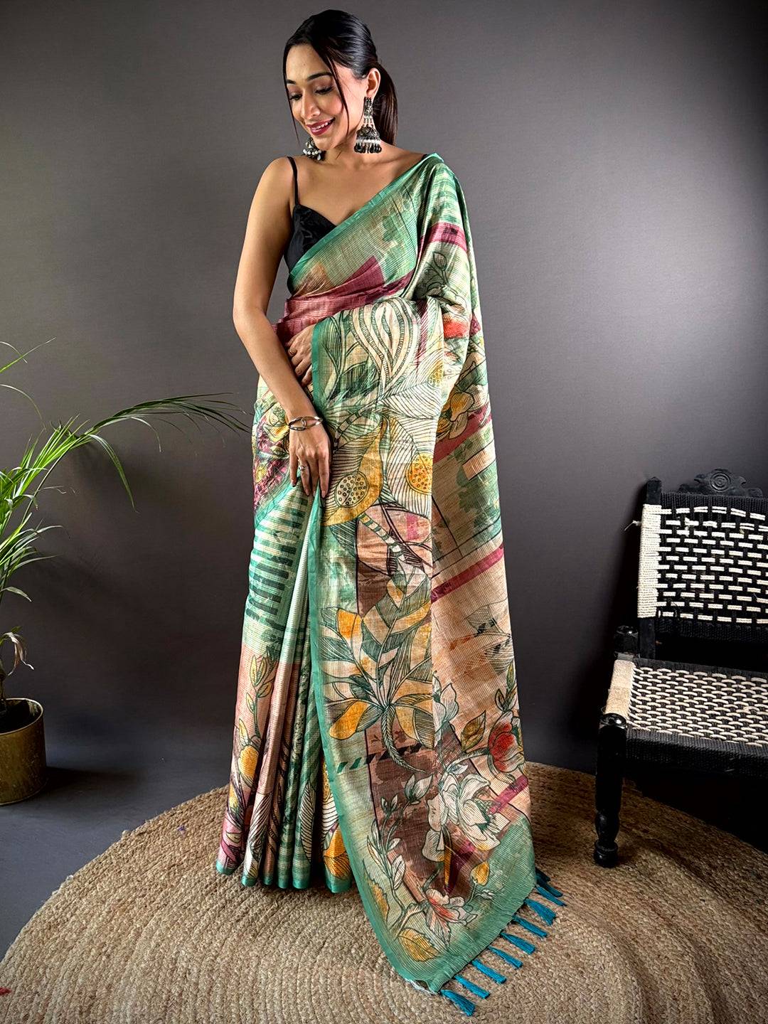 Steel Blue Tussar Silk Lush Botanical Prints Saree