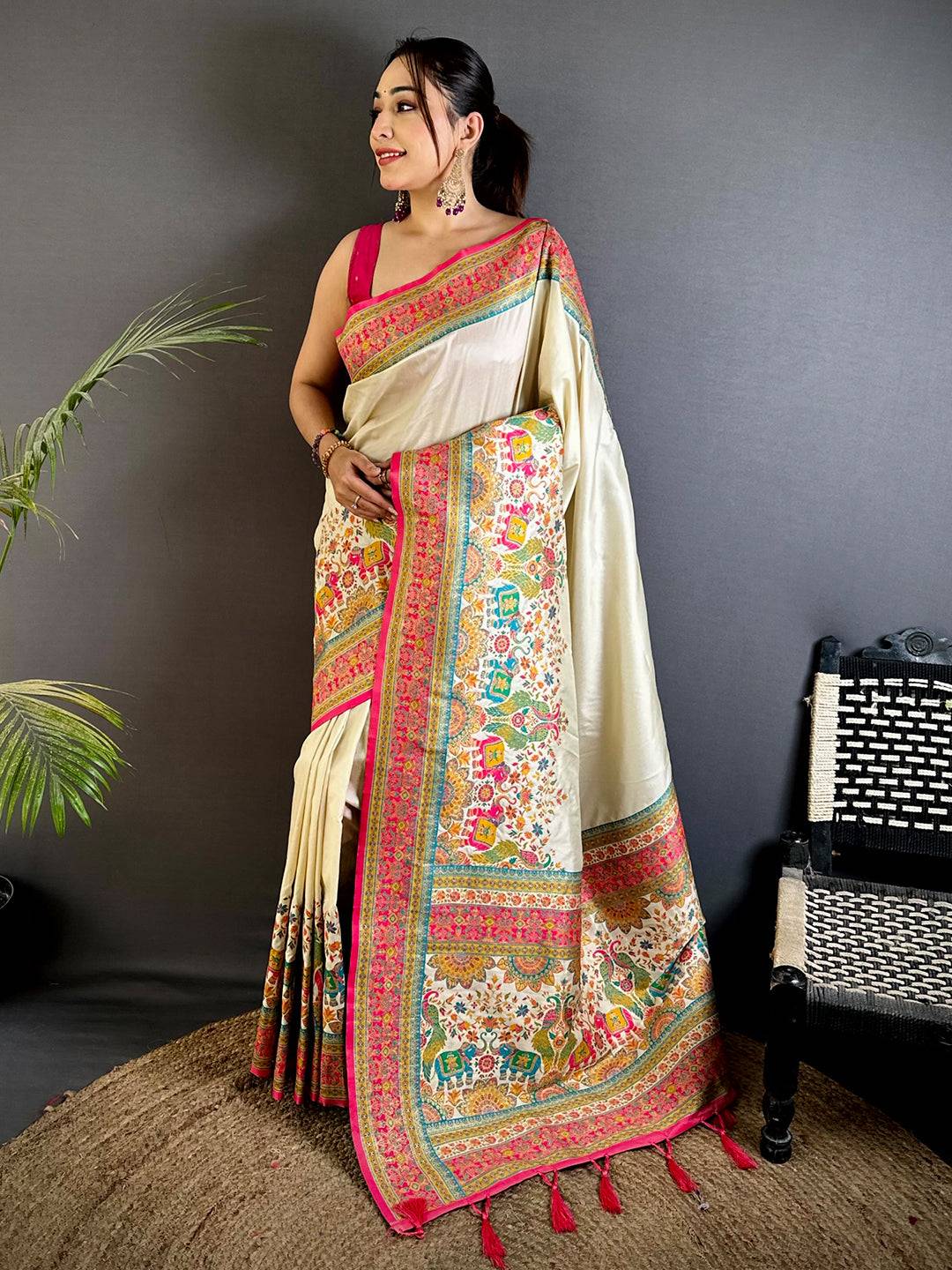 Cream Kashmiri Art Soft Silk Saree