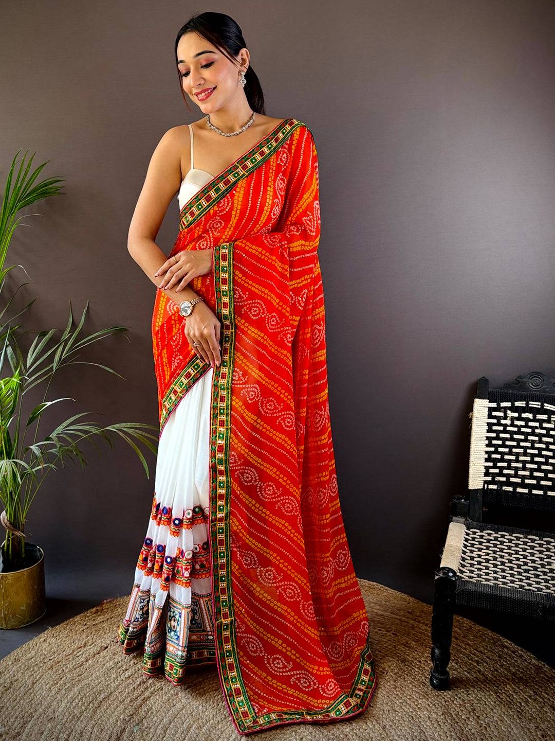 Orange Soft Georgette Katchi Embroidery Saree