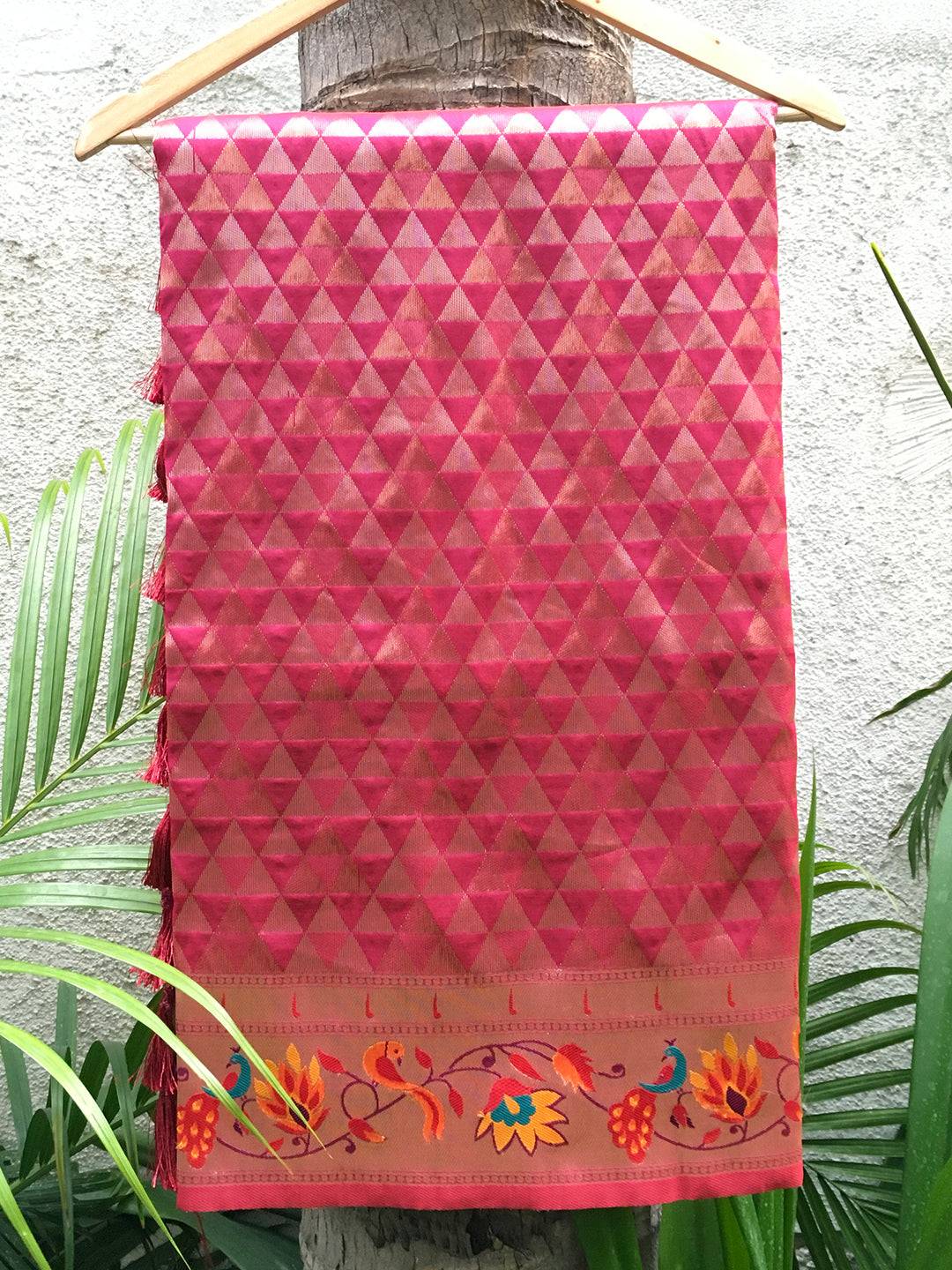 Maroon Silk Blend Paithani Saree fabric with Zari Work details