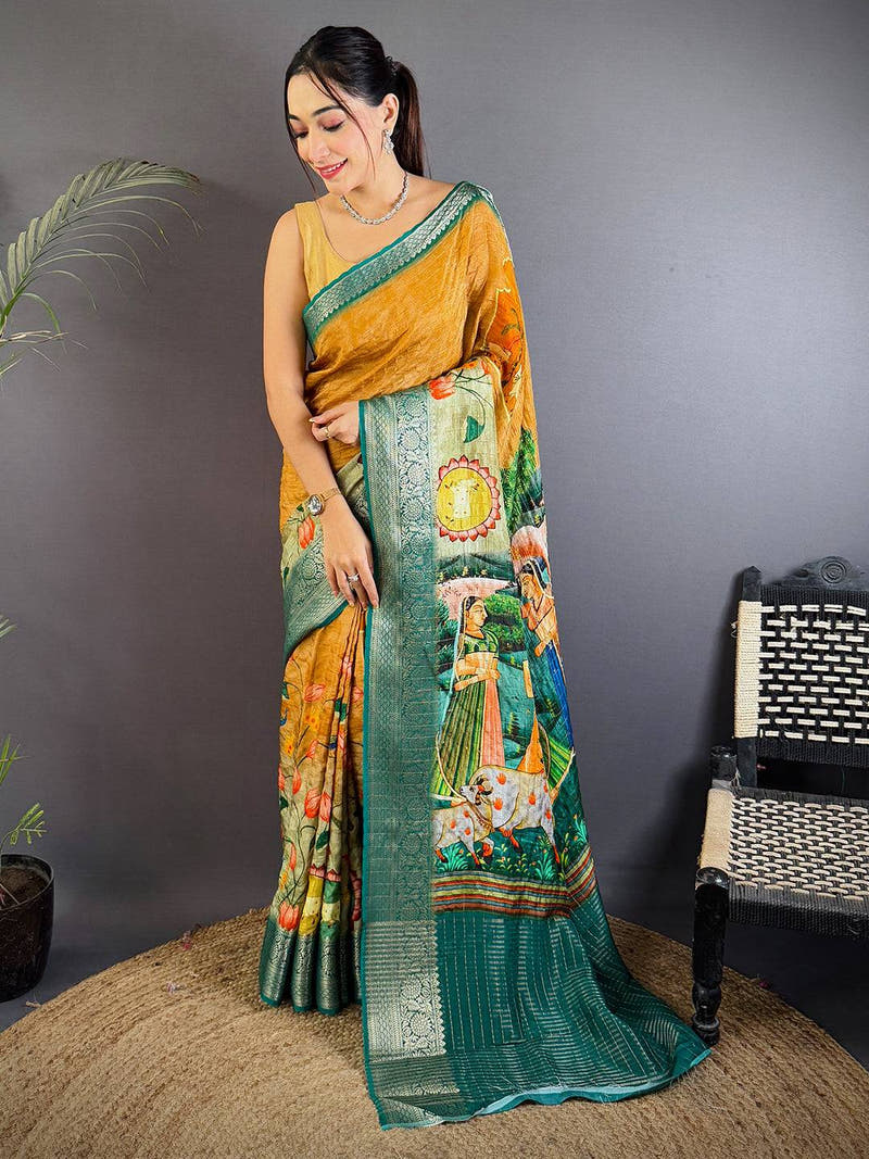 Mustard Viscose Pichwai Print Saree
