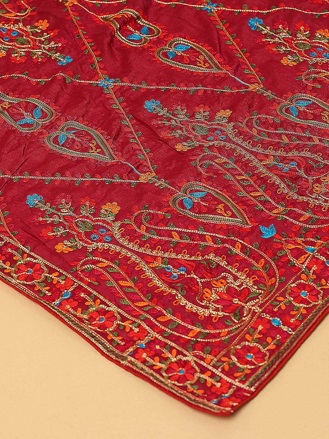 Close-up of wine poly chiffon pashmina dupatta embroidery